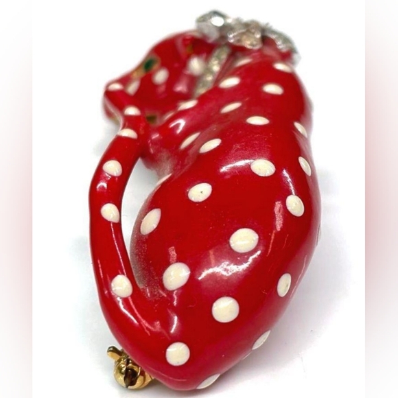 Kenneth Lane Enamel Crystal 1980's Red/White Polka Dot Leopard Signed VTG Brooch - Picture 4 of 16